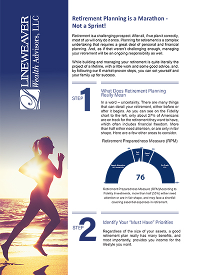 A silhouette of a woman running on a beach at sunrise appears on the left, with a text section on retirement planning steps on the right, featuring the Lineweaver Wealth Advisors, LLC logo and a preparedness scores graphic.