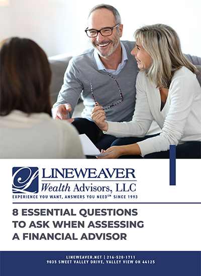 Two people sit across from a smiling man in glasses, who appears to be a financial advisor, in a professional office setting. Text on the image promotes questions to ask when choosing a financial advisor.