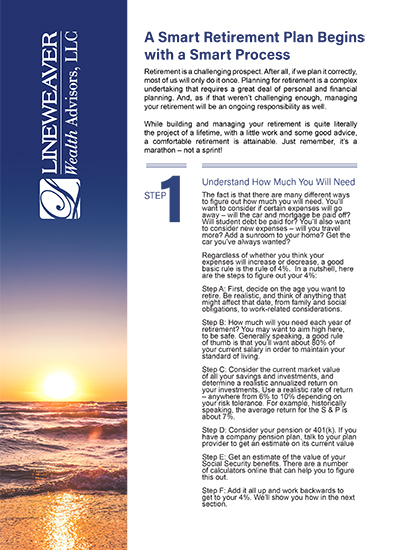 A brochure from Lineweaver Wealth Advisors, LLC, featuring a sunset over water on the left and a guide titled “A Smart Retirement Plan Begins with a Smart Process” with step-by-step retirement planning advice on the right.