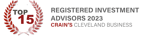 A graphic with a laurel wreath containing TOP 15 next to the text Registered Investment Advisors 2023, Crain’s Cleveland Business on a light background.