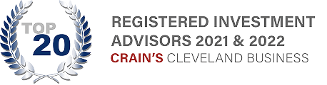 A laurel wreath with Top 20 inside, next to the text Registered Investment Advisors 2021 & 2022, Crains Cleveland Business on a light background.