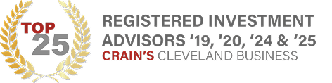 A gold laurel wreath with Top 25 in red next to text reading Registered Investment Advisors 19, 20, 24 & 25 Crains Cleveland Business in gray and red letters.