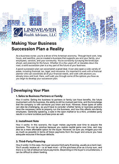 A business flyer with a city skyline graphic at the top and the Lineweaver Wealth Advisors, Inc. logo. The flyer discusses steps for making a business succession plan and outlines three strategies for developing a business succession plan.
