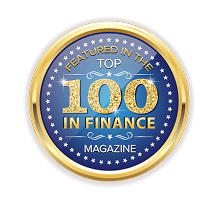 A gold and blue badge with stars that reads: Featured in the Top 100 in Finance Magazine.