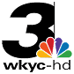 Large black number 3 with wkyc-hd written below in lowercase letters. To the right of the 3 is a colorful NBC peacock logo.