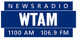 Blue and white logo for Newsradio WTAM, featuring bold text WTAM in the center and frequency numbers 1100 AM and 106.9 FM below.