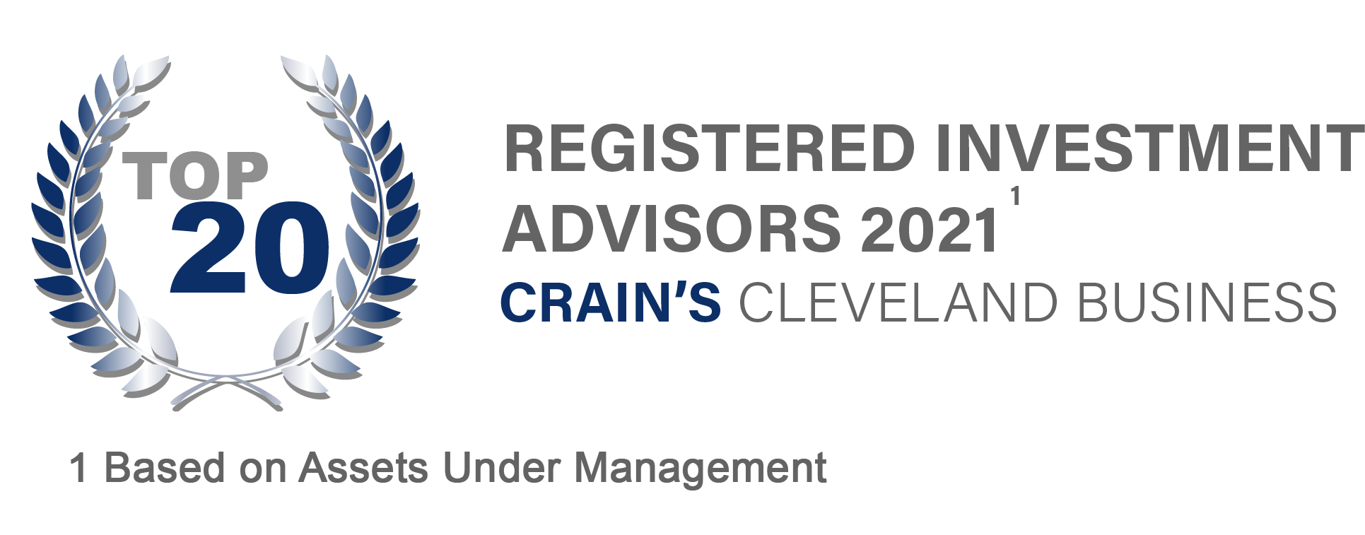 A graphic showing a laurel wreath with Top 20 inside it, next to the text Registered Investment Advisors 2021, Crains Cleveland Business. 1 Based on Assets Under Management.