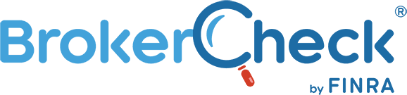 Logo for BrokerCheck by FINRA with a magnifying glass forming the letter C in Check and highlighting a red mark underneath.