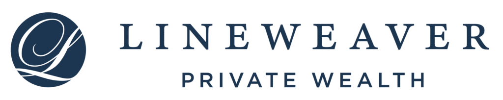 Logo for Lineweaver Private Wealth, featuring a circular navy blue icon with a stylized “L” on the left and the company name in uppercase navy blue letters on the right.