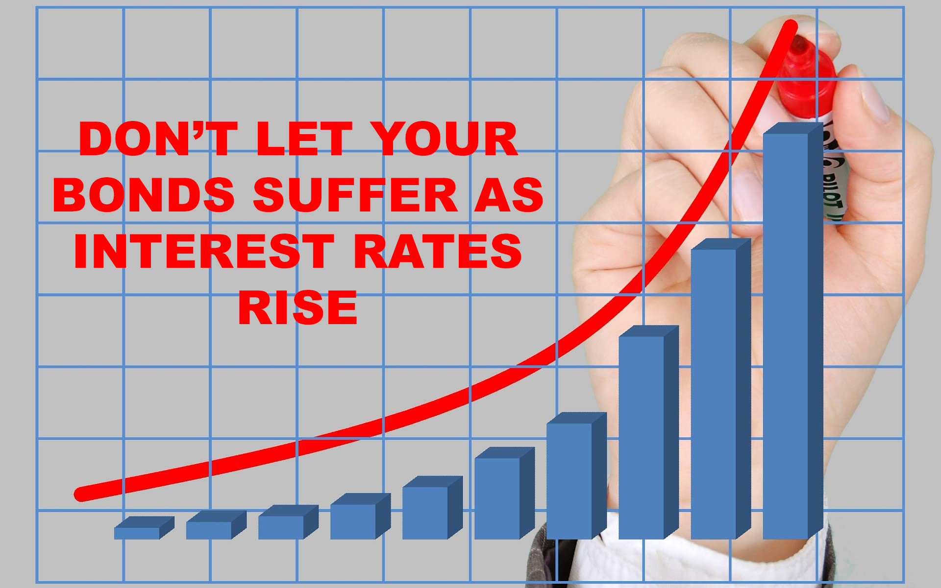 A hand draws a rising red line over a bar graph, with bold red text reading, DON’T LET YOUR BONDS SUFFER AS INTEREST RATES RISE against a gray grid background.