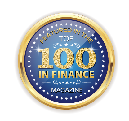 A gold and blue circular badge with stars, reading Featured in the Top 100 in Finance Magazine, with 100 highlighted in glittery gold text.