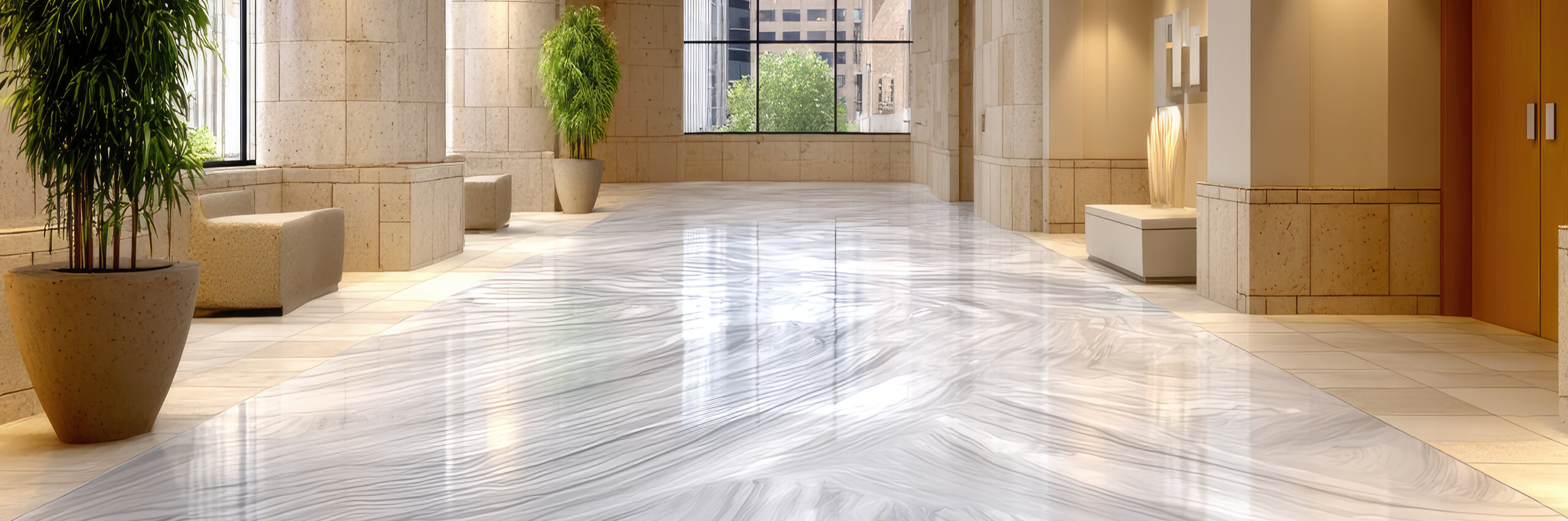 A spacious, modern lobby with large windows, marble-patterned floors, beige stone walls, potted green plants, white benches, and soft natural light.