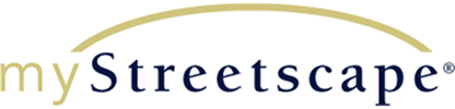 Logo for myStreetscape with the word “Streetscape” in dark blue font and a gold curved line arching above the text.