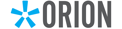 Logo with the word ORION in bold gray letters and a blue six-pointed starburst symbol to the left of the text.