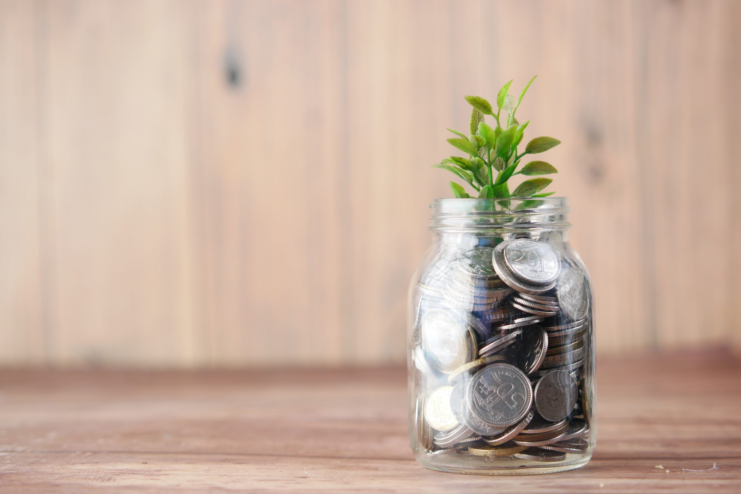 A small green plant grows from a glass jar filled with coins, symbolizing financial growth or investment, set against a wooden background.