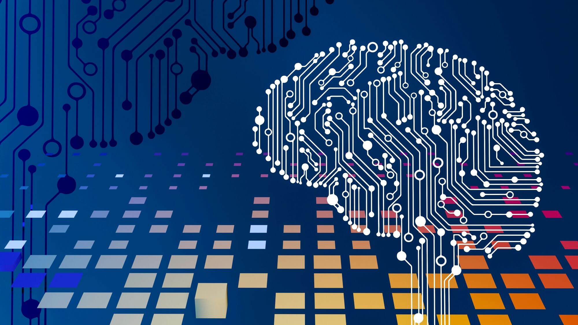 A digital illustration of a brain made from white circuitry patterns on a blue background, with colorful square pixels and abstract circuit designs extending across the image.