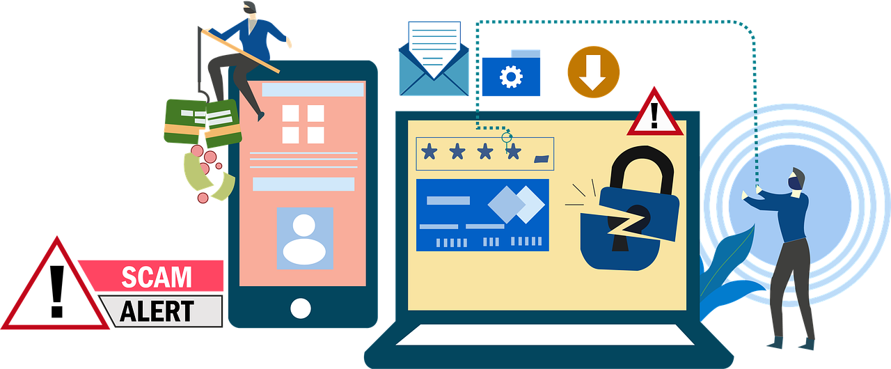 Illustration showing a scam alert, with people stealing credit cards and hacking devices. Laptop and phone screens display warning icons, a broken padlock, and digital threats, representing online scams and cybersecurity risks.