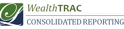 Logo for WealthTRAC Consolidated Reporting, featuring a green and blue abstract graphic on the left, and the text WealthTRAC above CONSOLIDATED REPORTING on the right.